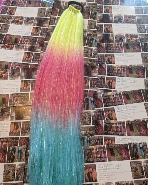 LEMON, PINK BLUE TINSEL PONYTAIL - THREE TONE OMBRE 24 GLOW IN THE DARK CATFACE HAIR.