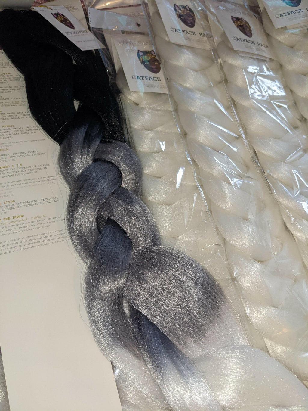 CATFACE HAIR BLACK, MOON GREY & GERALT WHITE OMBRE JUMBO BRAIDING HAIR - 30 INCHES+ 165g large pack.