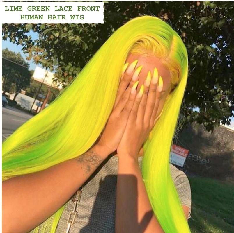 CATFACE HAIR HUMAN HAIR BRAZILLIAN LACE FRONT LIME GREEN STRAIGHT WIG.