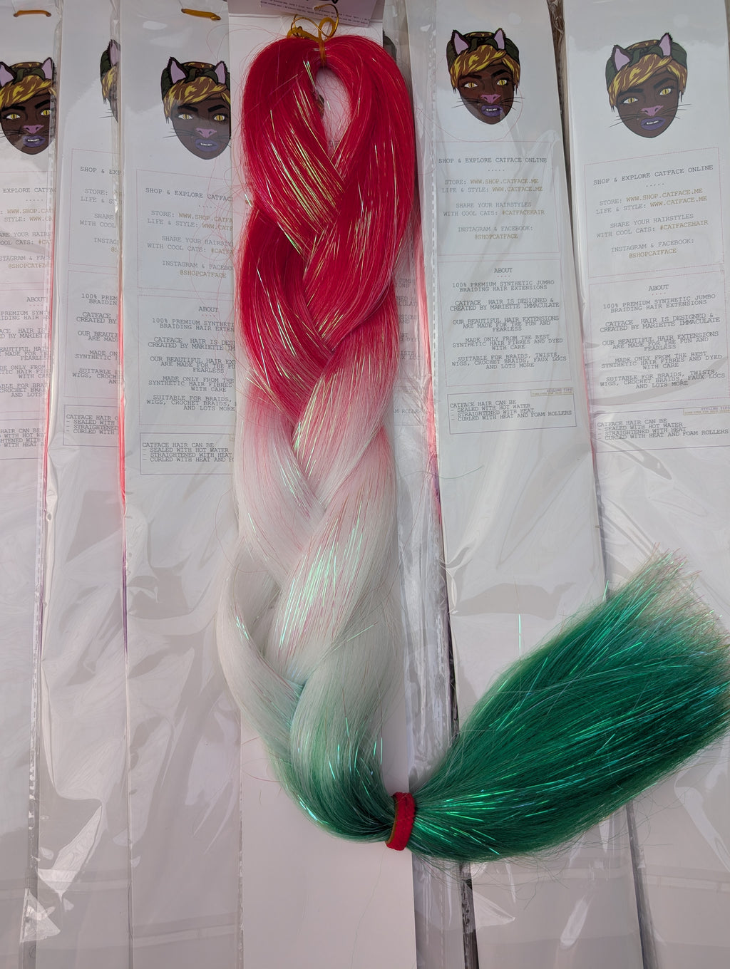 TINSEL RUBY RED, NEON WHITE & GREEN OMBRE BRAIDING HAIR - 24 INCHES