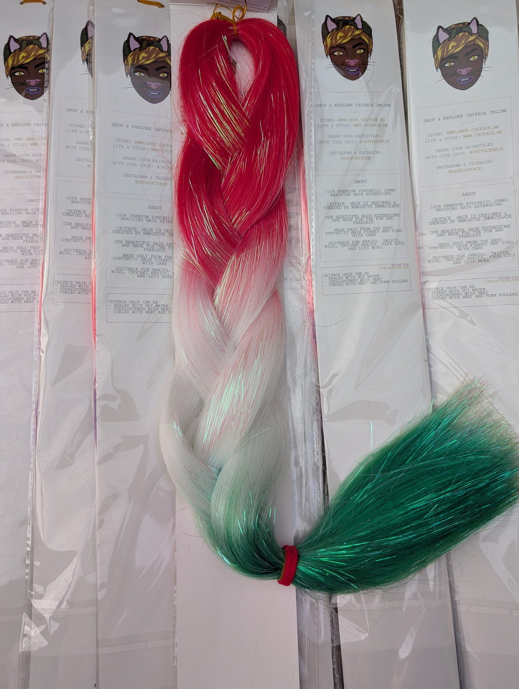 TINSEL RUBY RED, NEON WHITE & GREEN OMBRE BRAIDING HAIR - 24 INCHES