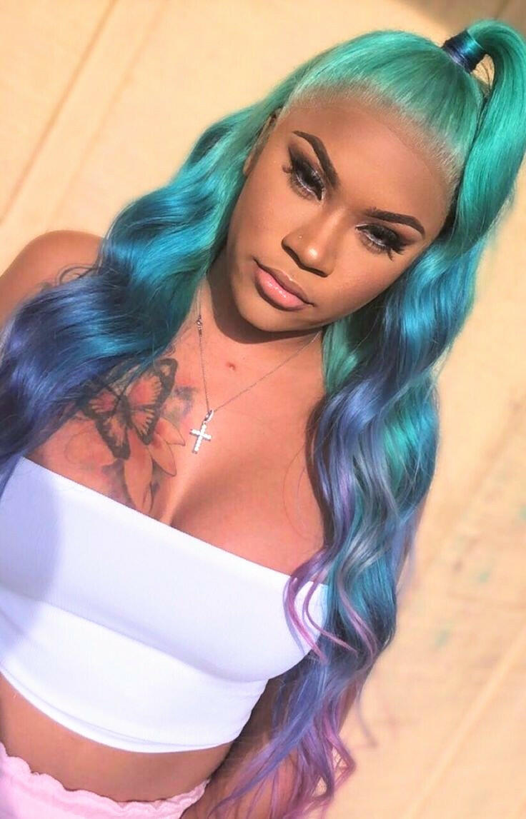 LILAC & MINT BLUES  THREE TONE OMBRE BRAZILIAN HUMAN HAIR LACE FRONT WIG  BRAZILLIAN HAIR , PRE-PLUCKED TRANSPARENT SWISS LACE WIG.