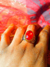 CATFACE VINTAGE:  FASHION SILVER RING: RUBY RED STONE QUEEN.