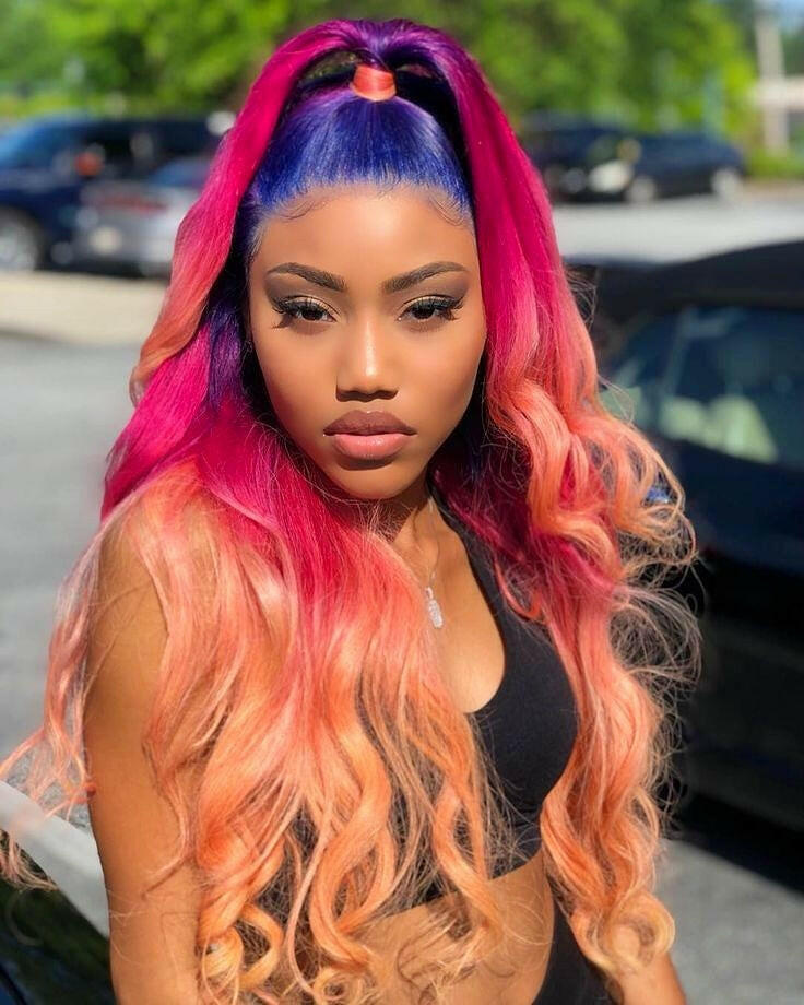 ISLAND SUNSET OCEAN PINKS & MIDNIGHT BLUE  THREE TONE OMBRE BRAZILIAN HUMAN HAIR LACE FRONT WIG  BRAZILLIAN HAIR , PRE-PLUCKED TRANSPARENT SWISS LACE.