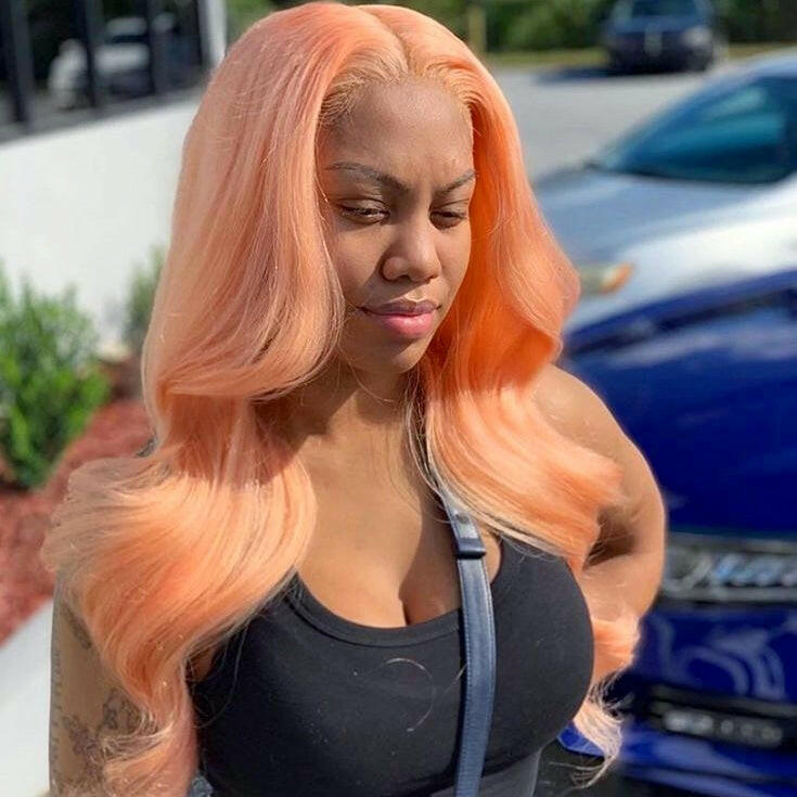 SOFT PEACH ONE TONE CATFACE HAIR HUMAN HAIR BRAZILLIAN LACE FRONT BODY WAVE WIG.