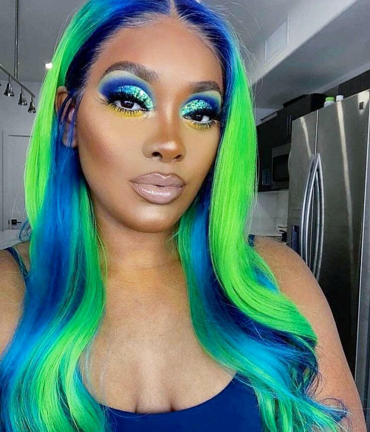 IRRIDESCENT BLUES & GREENS CATFACE HAIR HUMAN HAIR BRAZILLIAN LACE FRONT STRAIGHT WIG