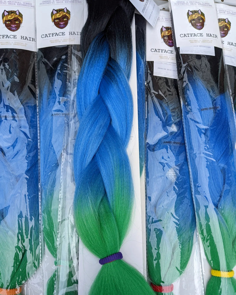 CATFACE HAIR BLACK CLOUD BLUE & GREEN IVY OMBRE JUMBO BRAIDING HAIR 24 INCHES.