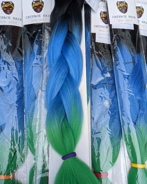 CATFACE HAIR BLACK CLOUD BLUE & GREEN IVY OMBRE JUMBO BRAIDING HAIR 24 INCHES.