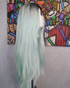 BLACK MINT GREEN OMBRE STRAIGHT WIG CATFACE HAIR.