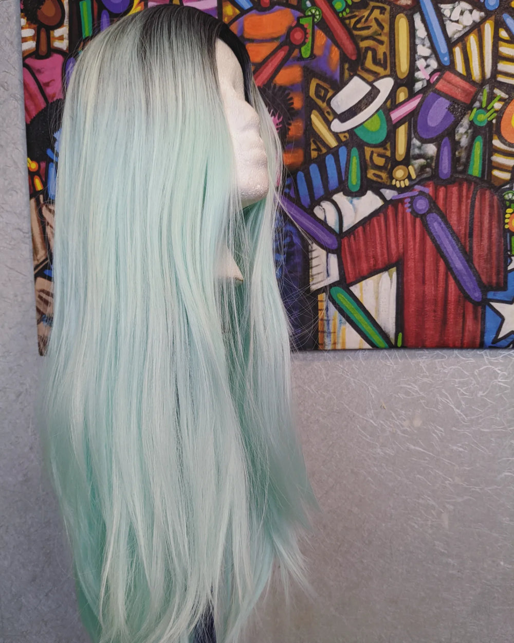 BLACK MINT GREEN OMBRE STRAIGHT WIG CATFACE HAIR Catface Hair