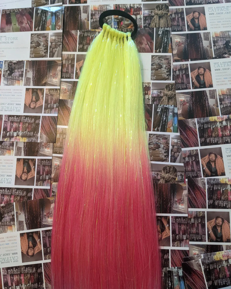 LEMON, PINK BLUE TINSEL PONYTAIL - THREE TONE OMBRE 24 GLOW IN THE DARK CATFACE HAIR
