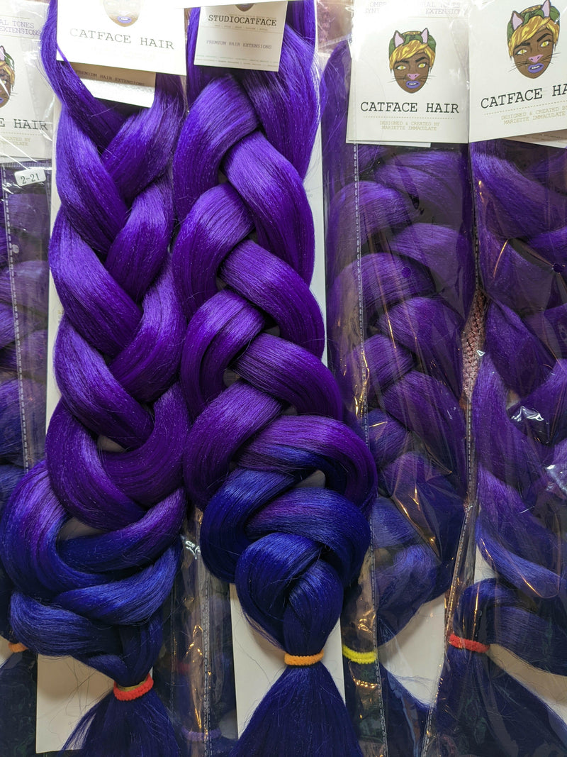CATFACE MIDNIGHT PURPLE AND DEEPEST BLUE - TWO OMBRE 30+ INCHES JUMBO BRAIDING HAIR.