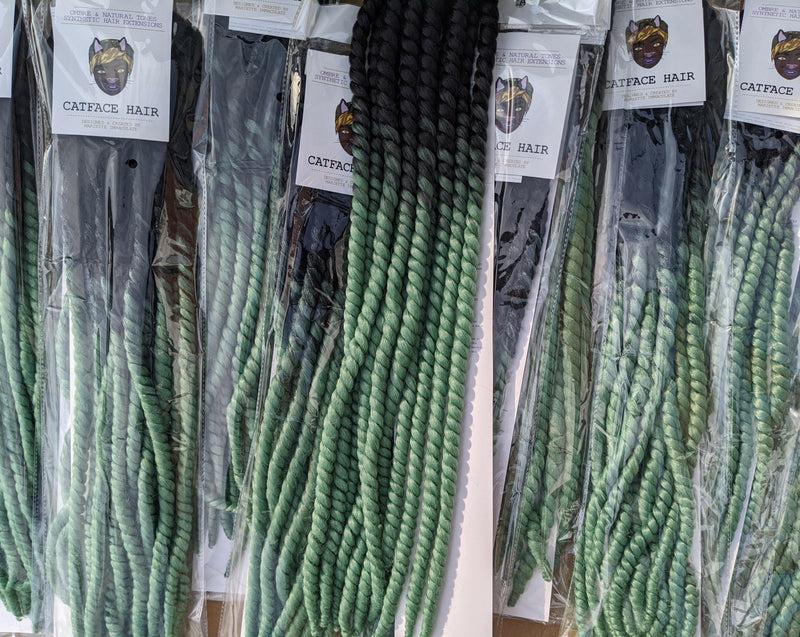 BLACK MINT GREEN OMBRE LARGE ROPETWISTS CROCHET BRAIDS 24 INCHES CATFACE HAIR.
