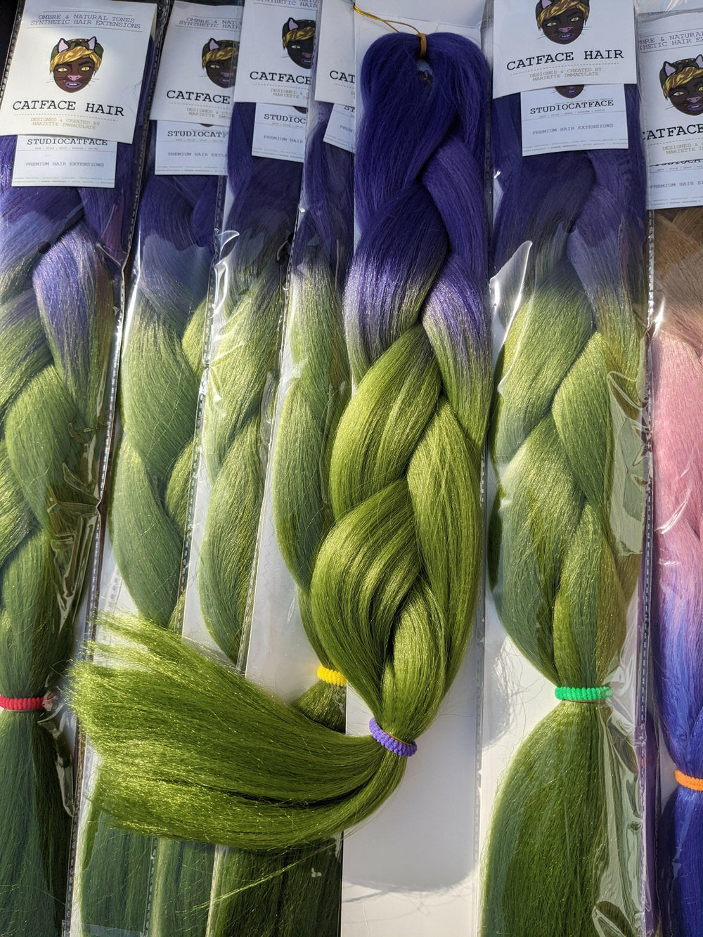 CATFACE MIDNIGHT PURPLE AND OLIVE GREEN - TWO OMBRE 24+ INCHES JUMBO BRAIDING HAIR.