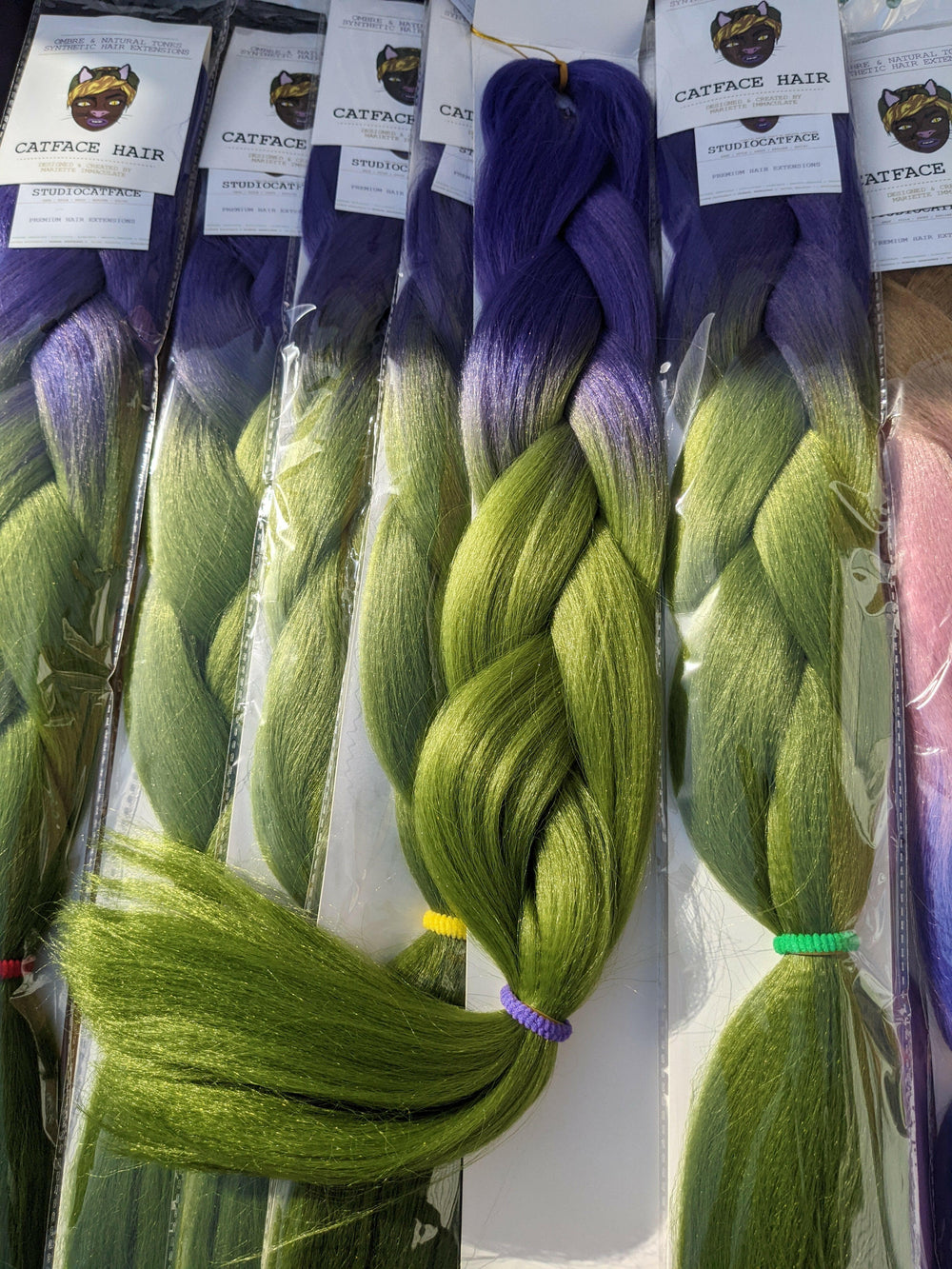 CATFACE MIDNIGHT PURPLE AND OLIVE GREEN - TWO OMBRE 24+ INCHES JUMBO BRAIDING HAIR.