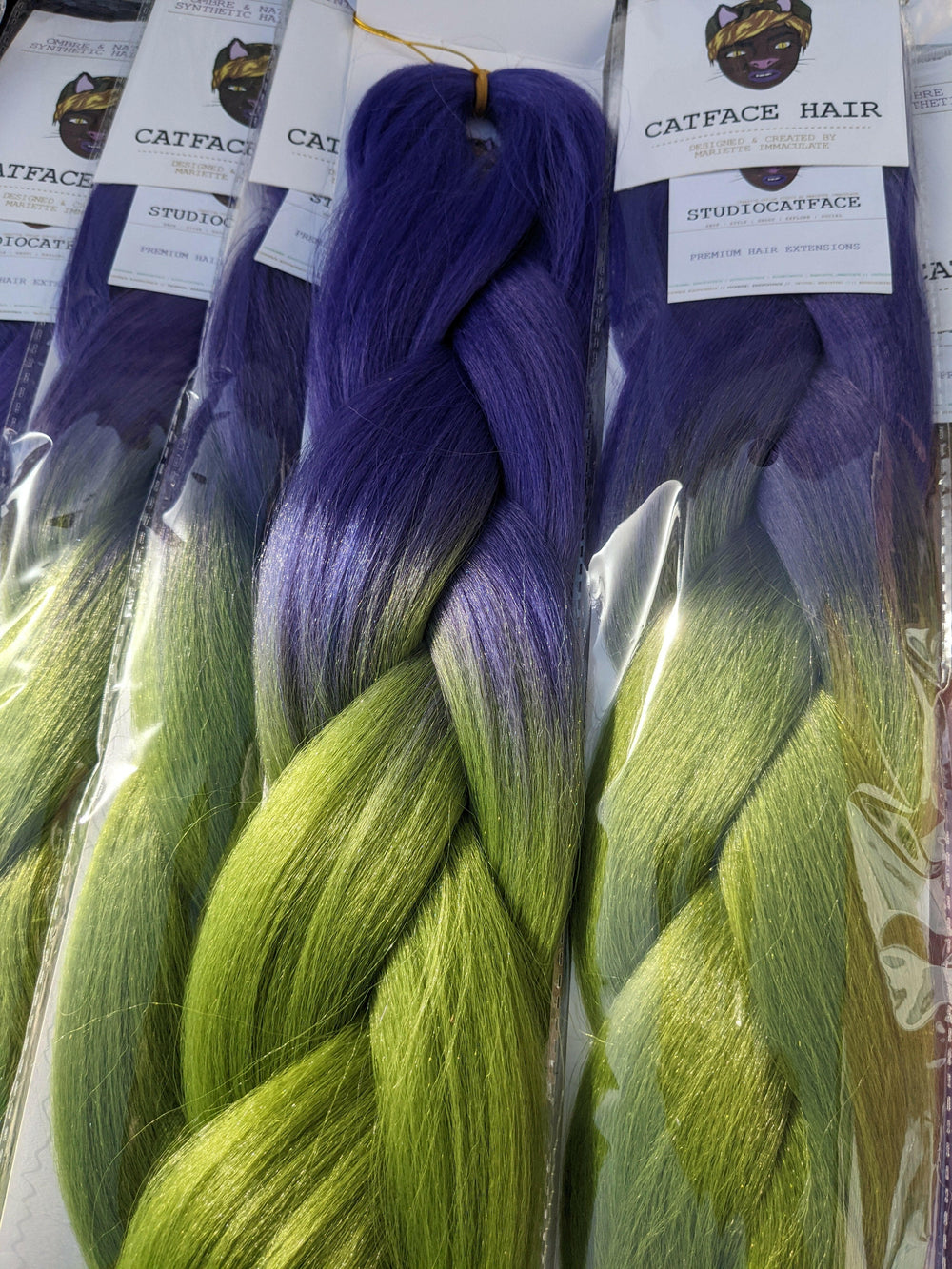 CATFACE MIDNIGHT PURPLE AND OLIVE GREEN - TWO OMBRE 24+ INCHES JUMBO BRAIDING HAIR.