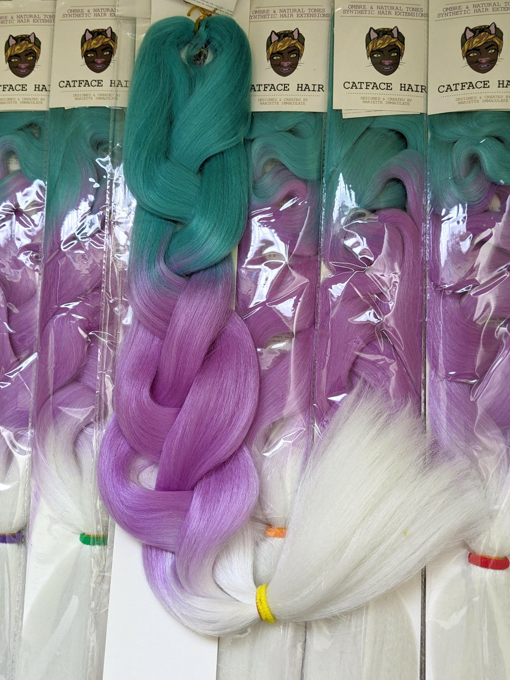 CATFACE HAIR - TURQUOISE & LILAC CLOUD - THREE TONE OMBRE -  30 INCHES BRAIDING HAIR - GLOW IN THE DARK