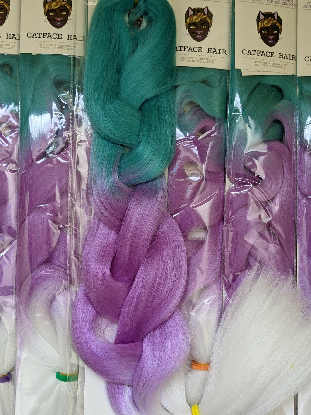 CATFACE HAIR - TURQUOISE & LILAC CLOUD - THREE TONE OMBRE -  30 INCHES BRAIDING HAIR - GLOW IN THE DARK.
