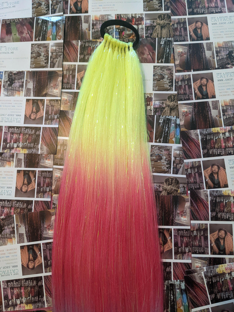 LEMON, PINK BLUE TINSEL PONYTAIL - THREE TONE OMBRE 24 GLOW IN THE DARK CATFACE HAIR.