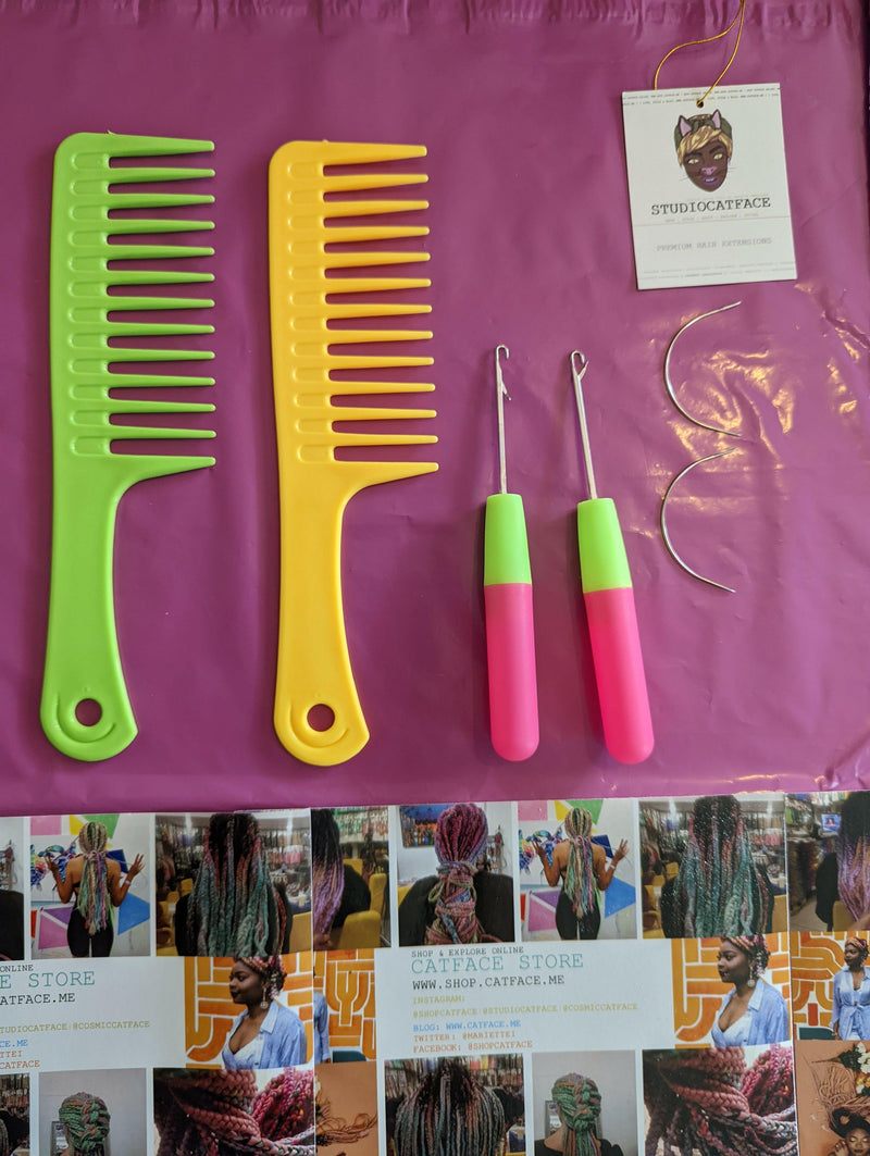 HAIR STYLING TOOLS SET: AFRO COMBS, CROCHET HOOK & WEAVE NEEDLES.