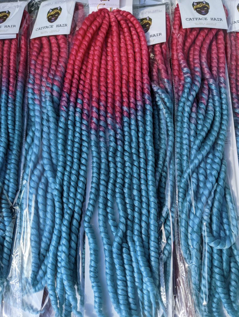 WILD PINK & MINT BLUE - TWO TONE OMBRE LARGE ROPETWISTS CROCHET BRAIDS 24 INCHES CATFACE HAIR