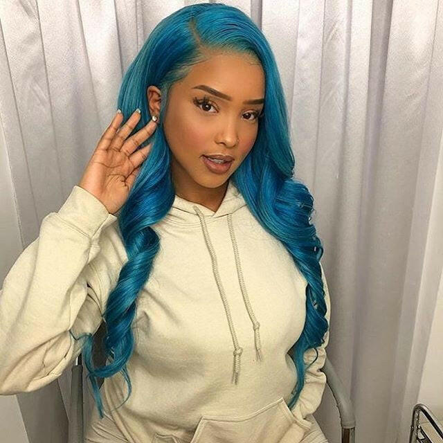 DEEP SEA BLUES  OMBRE BODY WAVE  BRAZILIAN HUMAN HAIR LACE FRONT WIG : PRE-PLUCKED TRANSPARENT SWISS HD LACE.