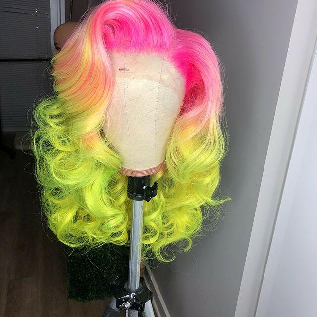 TROPICAL STAR PINK PEACH & LIME OMBRE BODY WAVE  BRAZILIAN HUMAN HAIR LACE FRONT WIG  BRAZILLIAN HAIR , PRE-PLUCKED TRANSPARENT SWISS HD  LACE